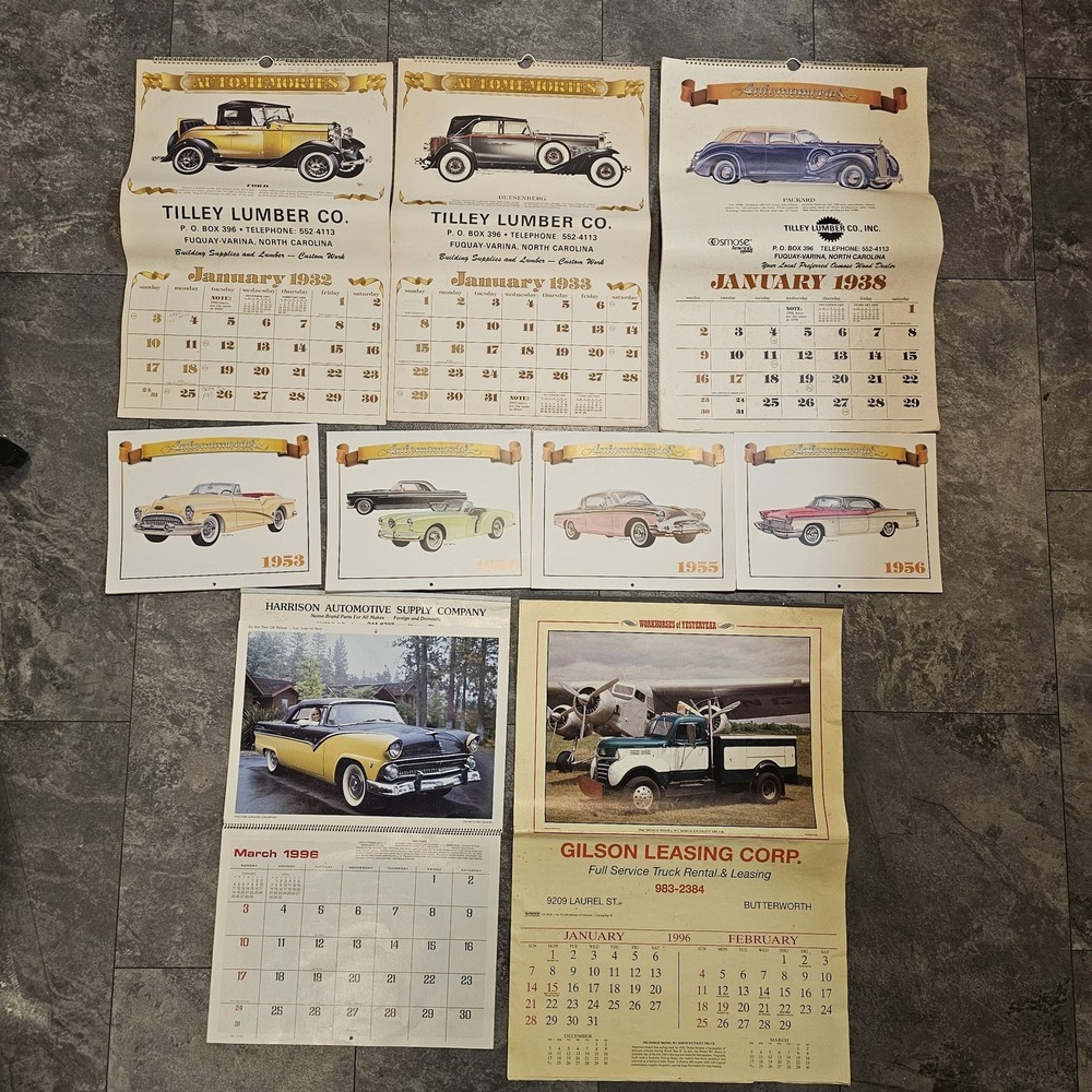 Automemories‎ Vintage Car Calendars Lot Tilley Lumber Jenkins 1930s 1950s